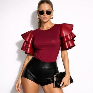 Gracia Burgundy Statement Faux Leather Ruffle Sleeve Top‎ Sz M MSRP $72
